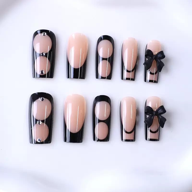 CTTHNBD Press on Nails Square - Black French Tip Fake Nails with Bow Rhinestone Design - Glossy Medium False Nails Press Ons- for Women Manicure 24 Pcs - Image 4
